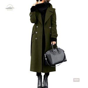 Classic Wool Blend Pea Coat Elegant Long Overcoat Notch Collar Winter Wear